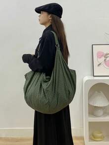 Túi đeo vai họa tiết kẻ caro hai màu dung tích lớn, vải nylon mềm mại và bền, túi đeo chéo nữ, túi tote đa năng thường ngày, thích hợp cho đi làm, học tập, du lịch, đi làm, phù hợp cho cả nam và nữ - Màu xanh lá cây đậm - Xem 9
