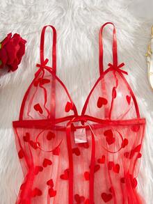 2pcs Women's Sexy Floral Mesh Robe Set, Front Tie Bow Decor Lingerie Set - Red - View 5