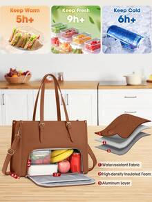 Insulated Lunch Tote Bag For Women With 15.6 Inch Laptop Compartment, Multifunctional Large Capacity Quilted Leather Computer Bag For Work, Teacher, Office & Commute - 棕色 - 查看 7