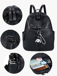 Fashion Pu Leather Backpack For Women - Water-Resistant Casual Daypack With Adjustable Straps, Sewing Thread Design, Polyester Lining, Daily Commute And Travel Bag With Zipper Closure