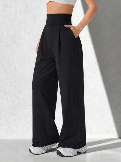 Women's High Waist Solid Color Casual Slant Pocket Pleated Wide Leg Pants