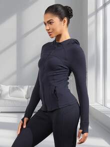 Women's Hooded Long Sleeve Sports Jacket With Thumbholes With Pockets, Breathable Athletic Casual Pullover, Sportswear, Fitness Clothing, Yoga Jacket, Fitness Clothing, Long Sleeve Cycling Sweatshirt, Women's Outdoor Sports Running Tops, Women's Yoga Hoodie Suitable For Running, Fitness, Yoga, Everyday Leisure - 藏蓝色 - 查看 5