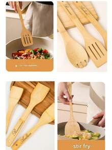 1/5pcs Customized Wooden Cooking Spoons, Suitable For All Kitchens. Salad Spatula Made Of Bamboo And Wood, Kitchen Cooking Tools, Personalized Wooden Spatula And Wooden Spoon, Three-Line Spatula, Natural Bamboo And Wood Non-Stick Surface, Multi-Functional Cooking Tools, Handmade Mother's Day Essential - Multicolor - View 8