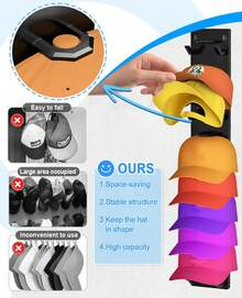 2 Pack Hat Organizer For Baseball Caps, Hat Rack For Wall With Strong Adhesive, Wall Mounted Hat Hooks Hold Up To 18 Hats For Closet Door And Bedroom (16x2.3 Inch) - 黑色 - 查看 3