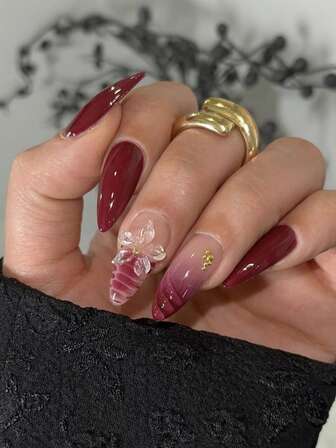 24pcs Elegant & Festive Luxury Glue-On Nails, Burgundy Almond Shape 3D Floral Press-On Nails, Daily, Date, Valentine's Day, Anniversary Manicure Supplies (Includes Jelly Gel & Nail File)