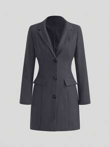 Women's Fashionable Black Long Sleeve Short Jacket, Pointed Collar, Front Button Details And Practical Pockets, Button V-Neck Pocket Long Sleeve Mini Dress Blazer