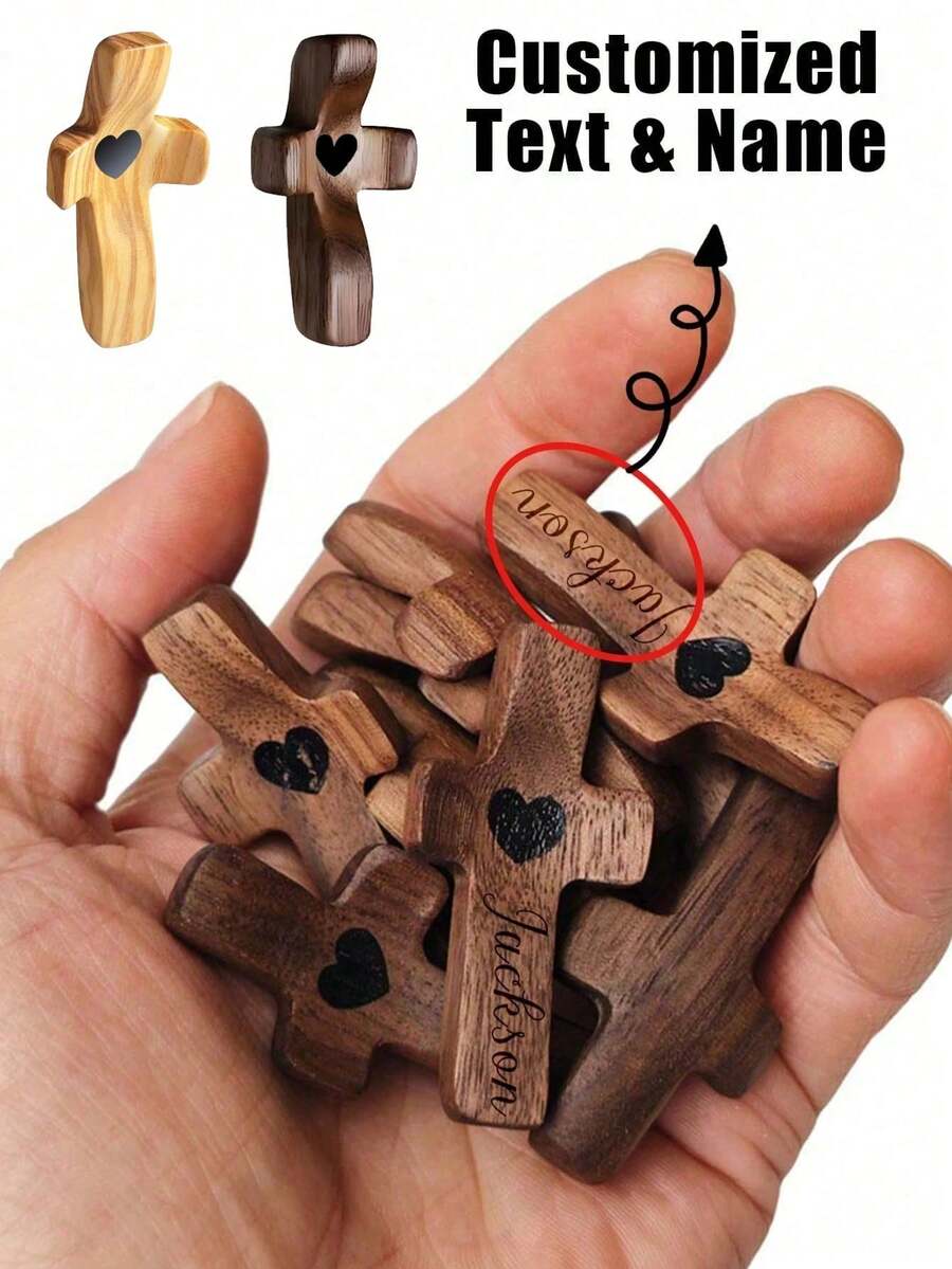 定制木质心形十字架，可刻名字或文字，鼓励礼物，小巧木质十字架，手持口袋十字架，指尖减压宗教礼物，适合祈祷、教堂礼物、复活节礼物，“上帝与你同在”，鼓励礼物，多功能，装饰性强，可重复使用，精致，时尚，高品质，色彩丰富，现代，可定制，个性化，独特，定制节日派对用品 - 彩色 - 查看 1