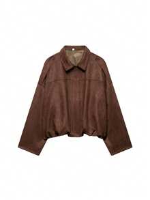 山茶花女士休闲百搭仿麂皮飞行员夹克，春秋季 - 咖啡棕 - 查看 11