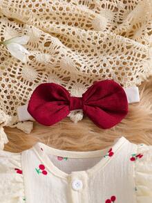 Newborn Baby Girls Cute Cartoon Cherry Woven Round Neck Button Ruffle Contrast Bow Long Sleeve Jumpsuit With Headband