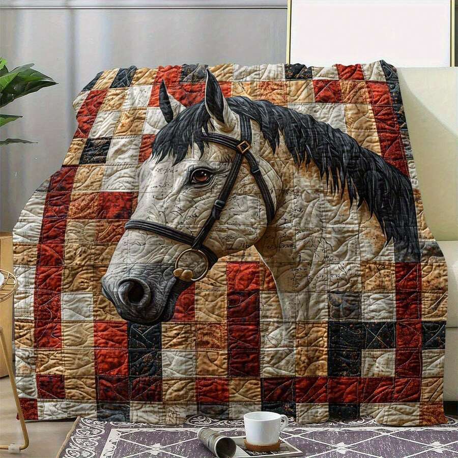 Extra Large Horse Blanket Realistic Horse Head & Brown/Black/White/Gray/Beige/Red/Blue/Green/Gray/Black Soft Flannel AllSeason Throw For Bed, Sofa, Car, Camping Equestrian Gift For Horse Lovers (MultiColor Options) Warm & Comfortable With Horse & Plaid Design, Hand Wash Only, MultiPurpose Use, Cozy & Luxurious Texture, Ideal For Travel & Home Decor (No Frills) - 混合 - 查看 1