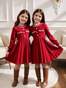 Young Girl Vacation Fashion Pearl Decor Round Neck Long Sleeve A-Line Knit Sweater Dress, Comfortable & Soft, Suitable For Daily, Outdoor, Travel, Vacation, Home, Daycare, School Wear, Spring/Autumn/Winter