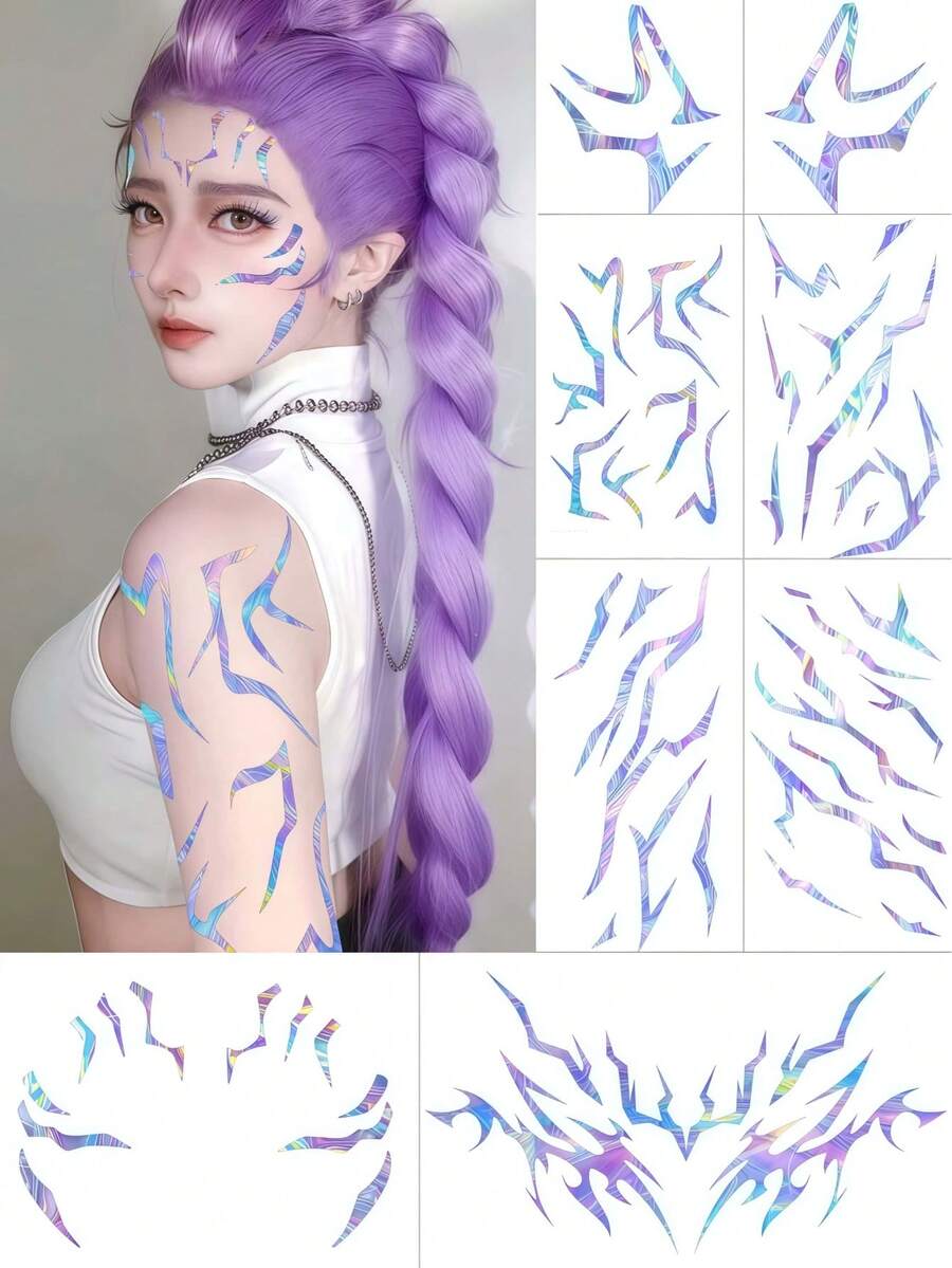 8 Sheets Rumi Tattoos Temporary KpopDemonHunters Face Tattoos Waterproof Body Stripes Tattoo Stickers For Halloween Rumi Cosplay Makeup Party Prom Music Festival Karneval Fasching Accessories