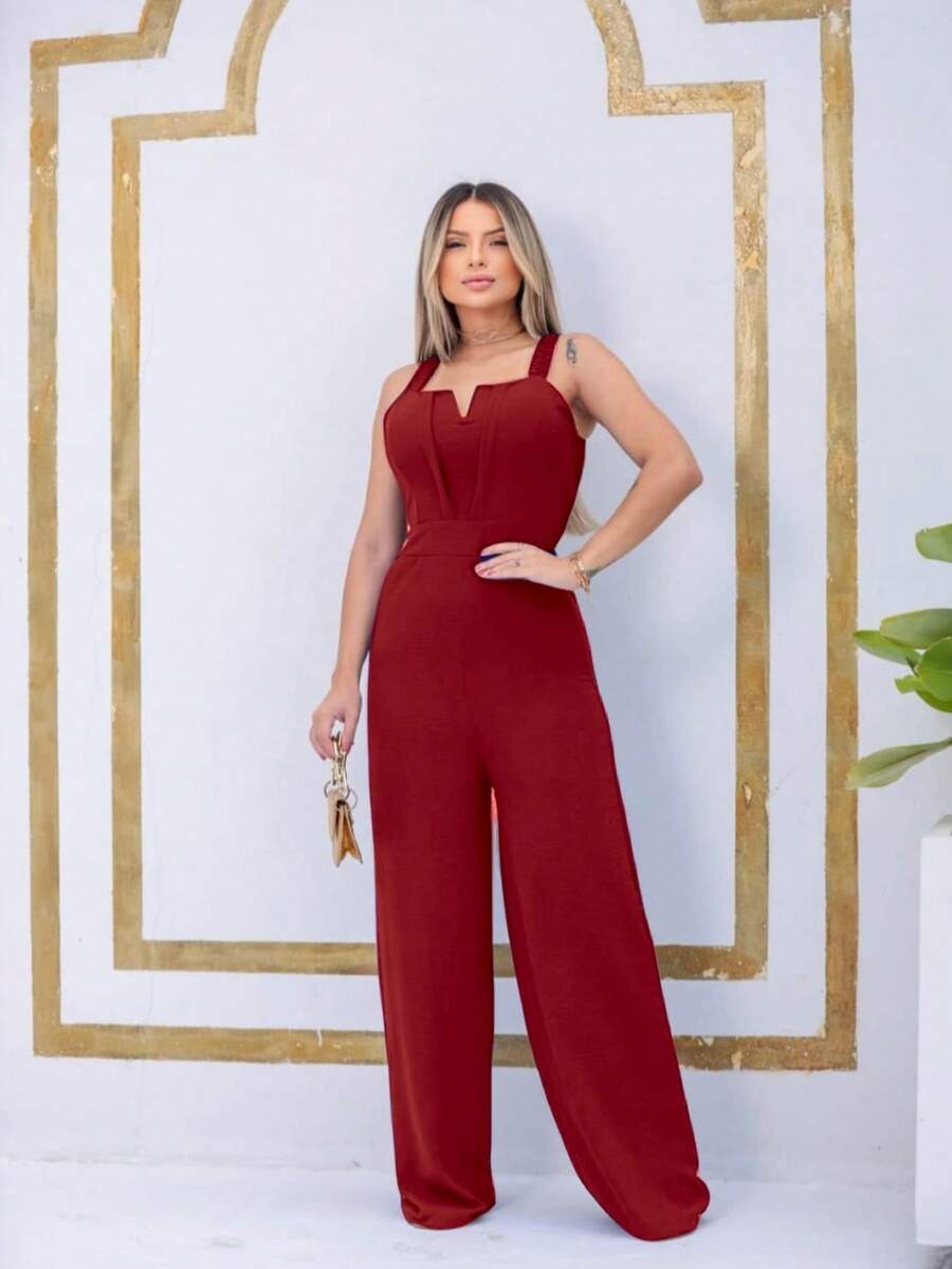 Elegant Dune Long Jumpsuit, Wide-Leg Pants, Thick Straps, Ruched V-Neck. - 酒紅色 - 查看 1