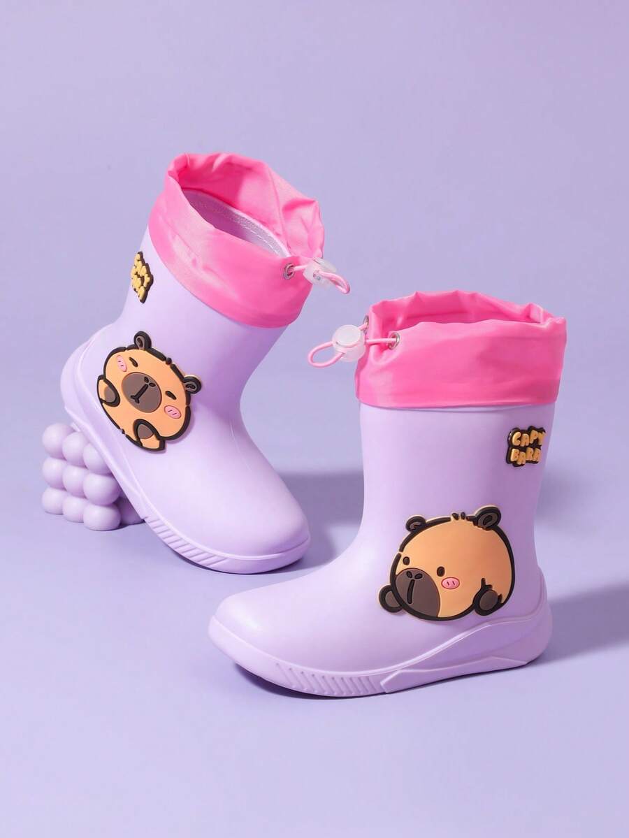 2025 New Children's Mid-Calf Rain Boots, Thick Warm Durable Rubber Rain Boots, Cute Cartoon Drawstring Waterproof High-End Rubber Shoes For Boys And Girls, Elementary School Students, Fresh Style Mid-Calf Rain Boots, Sturdy And Reliable Children's Rain Shoes - Violet Purple - View 1