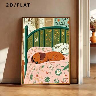 1pc Animals, A Cartoon Painting Poster Of A Sleeping Puppy Lying On The Bed, With Very Warm Wall Arts Pictures, Is The Best Choice For Decorating Children's Rooms, Bedroom, Living Room, Bathroom, Kitchen, Dining Room, Office Wall Decor(No Frame)