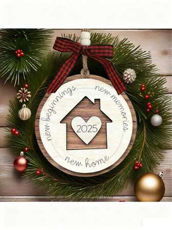 2025 New Home 3D Wooden Christmas Ornament With Bow, A Creative Gift For New Homeowners, Home Decor Hanging Decoration, Perfect Housewarming Gift And Holiday Decoration, The Best Holiday Gift For Family And Friends