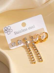 Set de 3 pares de pendientes de acero inoxidable con flecos y circonita cúbica dorada, pendientes de mujer con diseño de flor y corazón brillantes, adecuados para uso diario, banquetes, bodas y fiestas