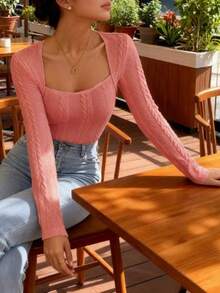 Womens Knit Long Sleeve Ribbed Bodysuit Sweater Slim Fit Tops Ribbed Basic Jumpsuit Fall Tops - Pink - View 5