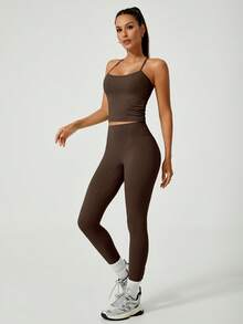 NcmRyu 1 套女式弹力吊带背心和裤子交叉带工字背心和紧身裤运动服套装 - 咖啡棕 - 查看 3