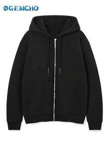 GEMCHO 女士纯色长袖拉链连帽外套，带前袋，秋季款 - 黑色 - 查看 5