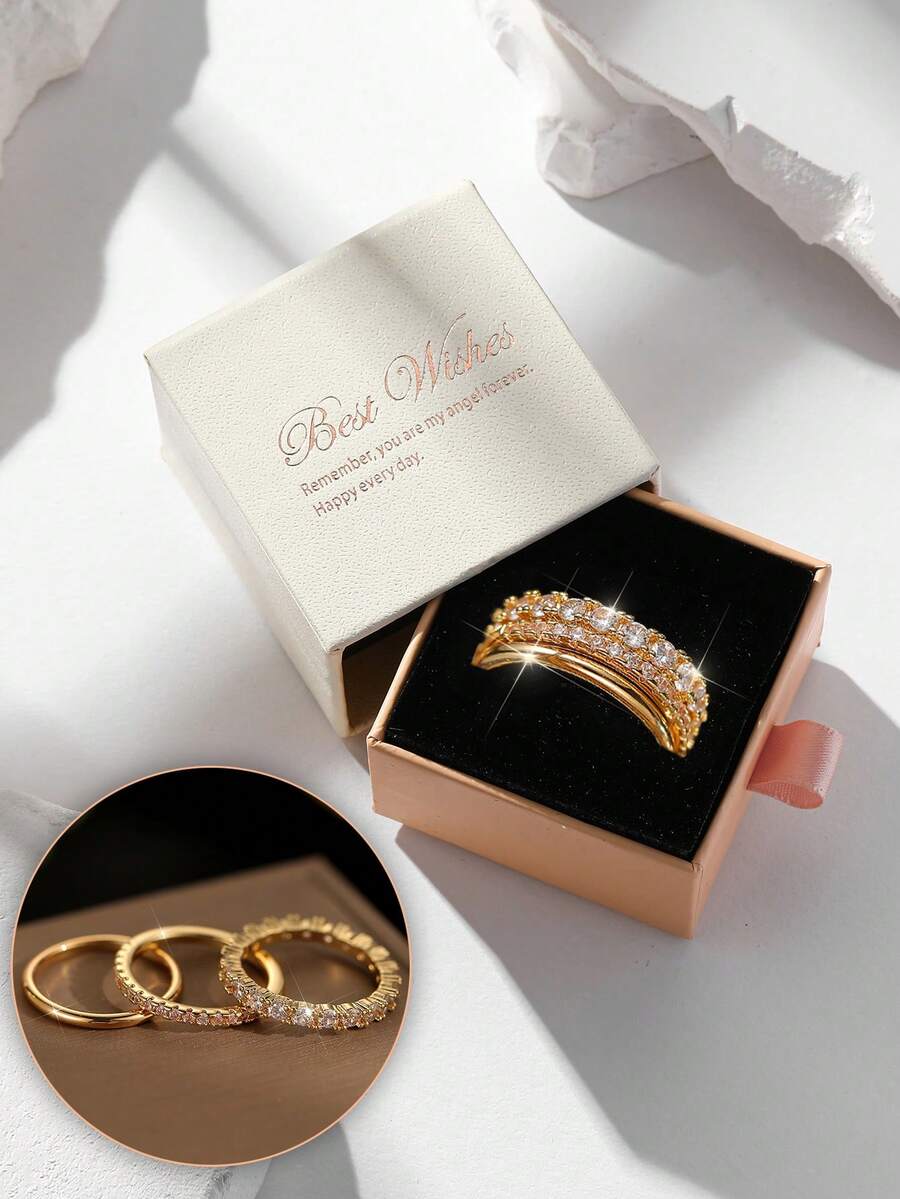 3件套立方氧化锆戒指套装，女士婚礼派对日常百搭首饰，适合作为礼物送给妈妈或爱人 - 優雅戒指3套組 - 查看 1