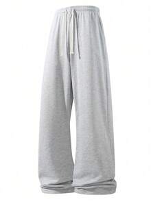 Men's Loose Straight Leg Sweatpants, Gray, With Drawstring Detail, Casual Wear