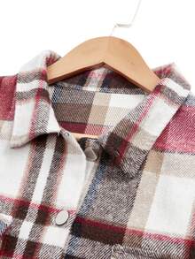 格子印花休闲长袖衬衫，秋冬女式短袖外套 - 紅色 - 查看 5