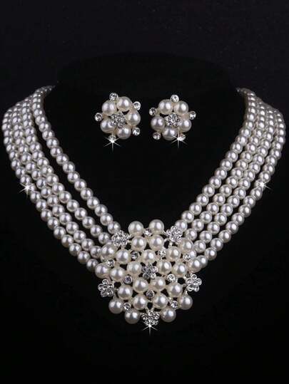 3 Pieces Faux Pearl Happiness Flower Wedding Necklace Earrings Jewelry Set Suitable For Dinner Party Brides Wedding Accessories Valentines,Mom,Mother,Mother's Day,Gift
