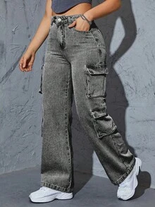 Plus Size Women's Y2K Streetwear Multi-Pocket Straight Leg Cargo Jeans Casual Spring - Light Grey - View 5