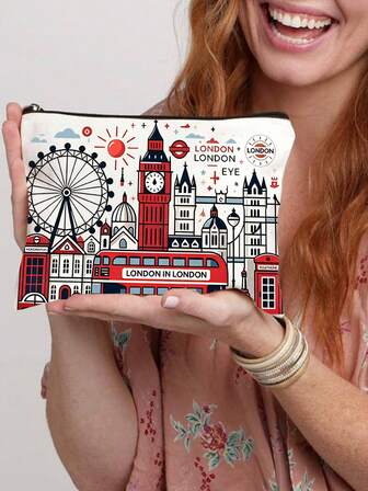 London Architecture Pattern Multi-Functional Travel Makeup Bag, Emergency Snack Pouch, Durable Zippered Storage Bag, Machine Washable Minimalist Design, Suitable For Toiletries, Business, Camping Essentials - Perfect Gift For Women Make Up Bag Makeup Pouch Cosmetic Bag Toiletry Bag Wash Bag Travel Essential Cruise Essentials Vacation Essentials For Men Women