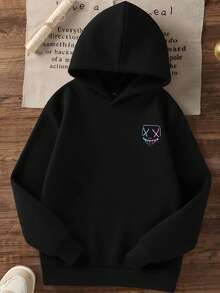 1pc Tween Boys' Casual Printed Pullover Sweatshirt, Thermal Lined, Long Sleeve, Autumn/Winter - Black - View 3