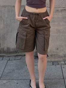Baggy Cargo Pants For Women High Waist Wide Leg Baggy Shorts Y2K Casual Athletic Lightweight Hiking Capri Shorts With Pockets - màu nâu - Xem 6