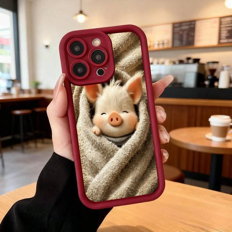 Cubierta de teléfono con borde negro diseño de cerdito dormido en manta beige para uso diario en cafeterías y hogar Aplicable a los teléfonos de la serie Apple y Galaxy - Burdeos - Añade 7