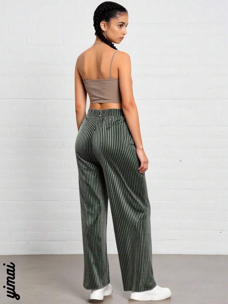 Pantalón de pierna ancha para mujer, elegante y casual, tela tipo pana de poliéster y spandex, apto para temporadas de primavera y verano. Ajuste de cintura natural con resorte ligero. Interior suave, fresco y ligero. Estampado de líneas verticales. - Verde - Añade 2