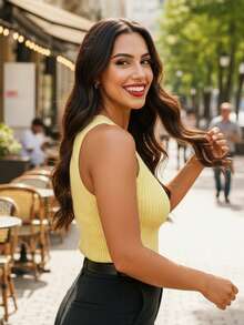 Women's Cropped Tank Top, Ribbed Knit, Round Neck, Sleeveless, Racerback Style, Short Fitted Basic Top, Essential For Summer And Everyday Wear. - Baby Yellow - View 3