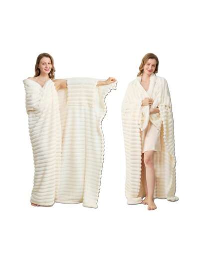 仿毛皮超大号可穿戴毯，米白色柔软舒适加大尺寸披毯，保暖办公椅膝毯，寒冷天气适用，居家/办公理想礼物