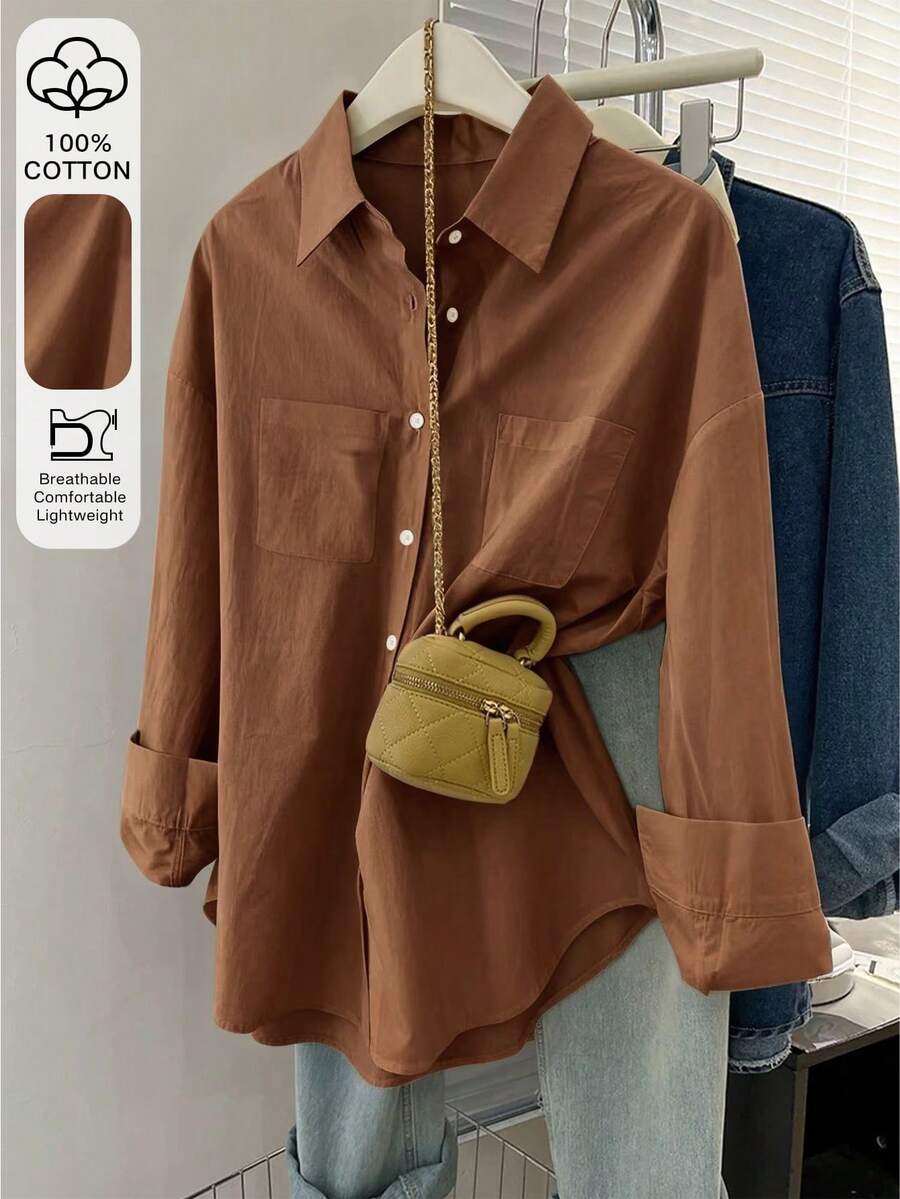 女士时尚宽松百搭优雅简约衬衫 - 棕色 - 查看 1