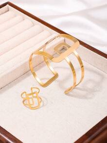 Metal Leopard Print Geometric Bracelet And Adjustable Ring Set, Exaggerated & Personalized Style For Women - Leopard - View 10