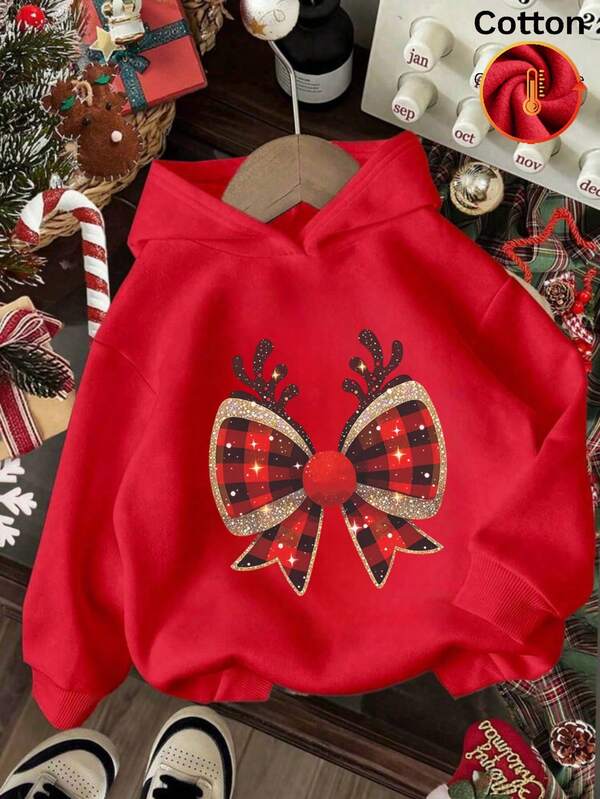 Christmas Bow Design, Fleece-Lined Hat Drawstring For Children Aged 8-12, Soft Fabric, A Winter Holiday Essential, A Top Choice For Casual Wear, And A Favorite Among Tween Girl.