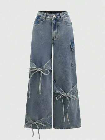 Women's Bowknot Drawstring Design Denim Wide Leg Pants