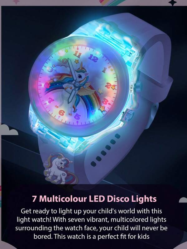 Reloj infantil de dibujos animados 3D con 7 luces LED multicolor tipo discoteca - Reloj luminoso lindo para niños, regalo perfecto para niñas y niños