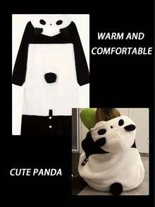 熊猫连帽睡袍，冬季保暖女士连帽长款毛绒睡袍，秋冬卡通印花涤纶睡衣，长袖，拉链，略带弹性 - 舒适毛绒角色扮演服装，理想的节日礼物，舒适的浴袍采用耐用的珊瑚绒面料制成，温暖的冬季装饰 - 彩色 - 查看 8