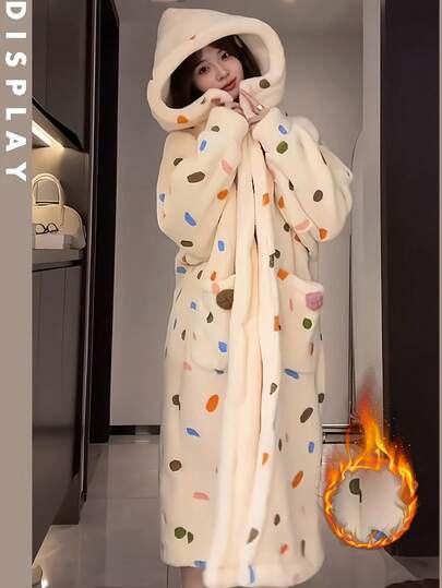1 pieza Bata de baño de felpa coral para mujer, otoño/invierno 2025, bata de baño larga con capucha suave y esponjosa, cálida y cómoda, ropa de dormir de invierno, ropa de casa de felpa suave, bata de baño con capucha de franela de mujer de manga larga, ropa de casa cómoda, suave y absorbente, versión engrosada para volver a la escuela, ropa de casa cálida, se puede usar en exteriores, regalo ideal para mujeres, adecuado para el Ramadán, el Día de San Valentín y otras festividades