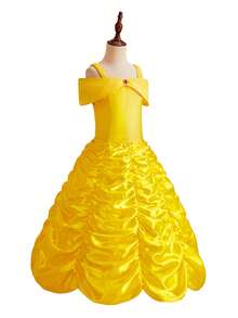 Set de 5 piezas que incluye vestido sin mangas con volantes amarillo, guantes, corona, varita mágica - Disfraz de princesa para niñas, para fiestas, Halloween, juego de roles