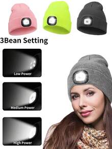 USB Rechargeable LED Knitted Beanie Hat, Unisex Warm Winter Cap With Headlamp, Knitted Night Light Hat With Flashlight - Single - View 5