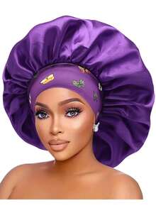قبعة حرير للنوم للنساء ذات حافة واسعة وحزام مطاطي مطبوع، قبعة نوم من الحرير الناعم للشعر المجعد (نمط طباعة عشوائي)