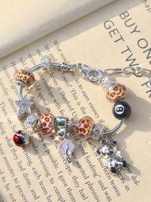 1pc Back-To-School Leopard Print Teddy Bear Charm Bracelet, Streetwear Star Bracelet, Graduation Cap Bracelet, Renaissance Style Teddy Bear Bracelet, Dark Skeleton Charm Bracelet - Gold - View 5