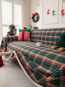 1pc American Vintage Scottish Plaid Multi-Functional Non-Slip Full Coverage Tassel Sofa Cover - Multicolor - View 7
