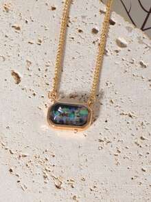 1pc Fashionable Candy-Colored Natural Stone Rectangle-Shaped Simple Short Necklace, Daily Wear - Gold - View 16