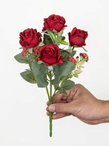 1/80 pièces Bouquet de roses en soie avec fruits en mousse artificielle, convient pour la décoration d'automne, le bouquet de mariée de la Saint-Valentin, le vase de mariage, la maison, le restaurant, la décoration de chambre, les fêtes, les anniversaires, la décoration de jardin extérieur - Rouge - Voir 3